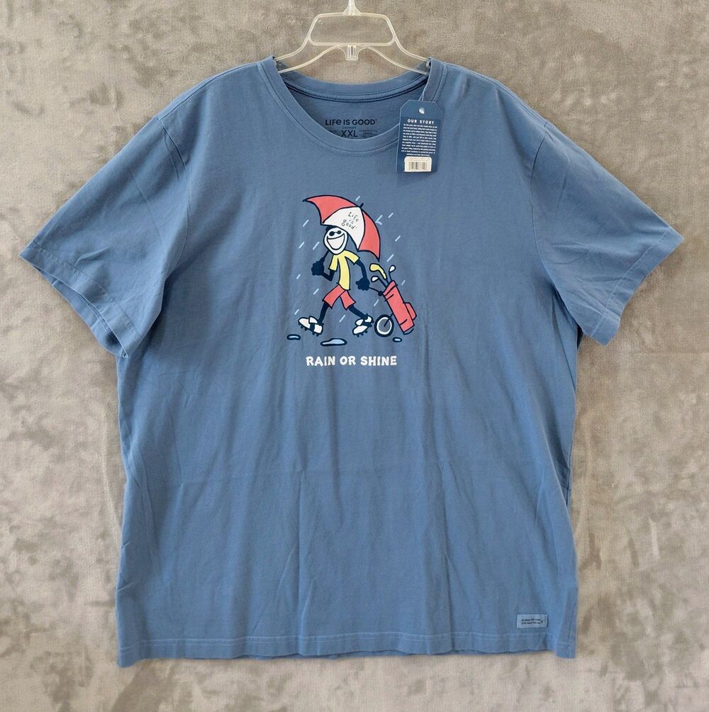Life Is Good Crusher T-Shirt Men's XXL Blue 'Rain or Shine' Golf Theme NEW!